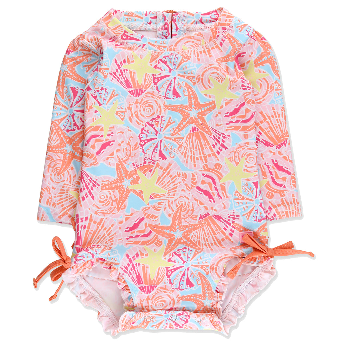 Sunset Seashells Long Sleeve Rash Guard Swimsuit by RuffleButts
