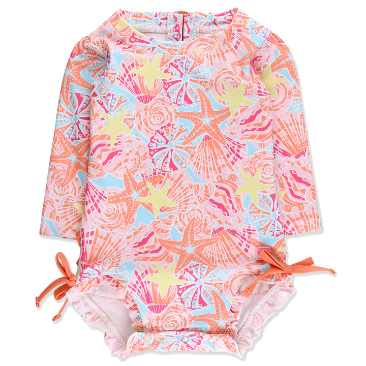 Sunset Seashells Long Sleeve Rash Guard Swimsuit by RuffleButts