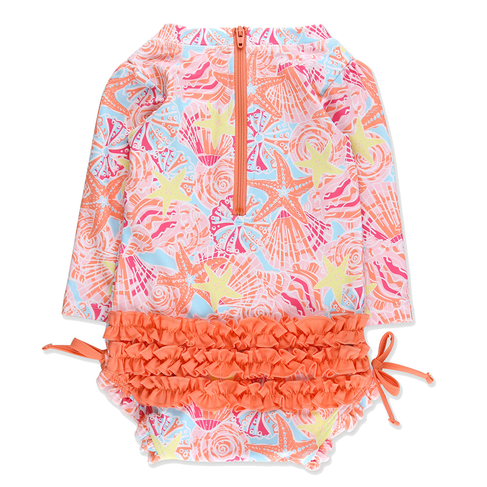 Sunset Seashells Long Sleeve Rash Guard Swimsuit by RuffleButts