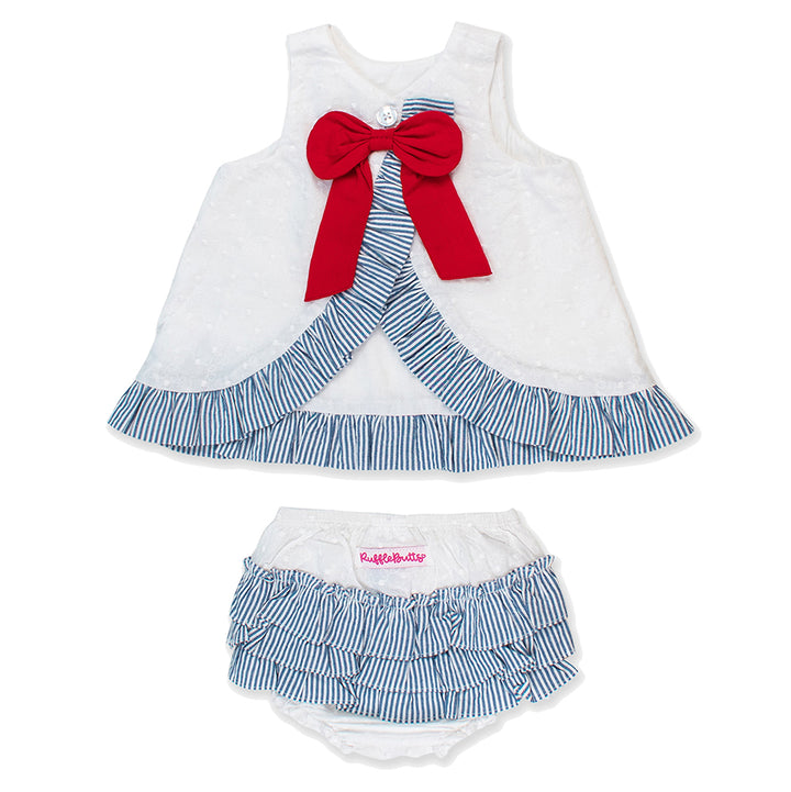White and Blue Seersucker Swiss Dot Swing Top and Bloomer Set by RuffleButts