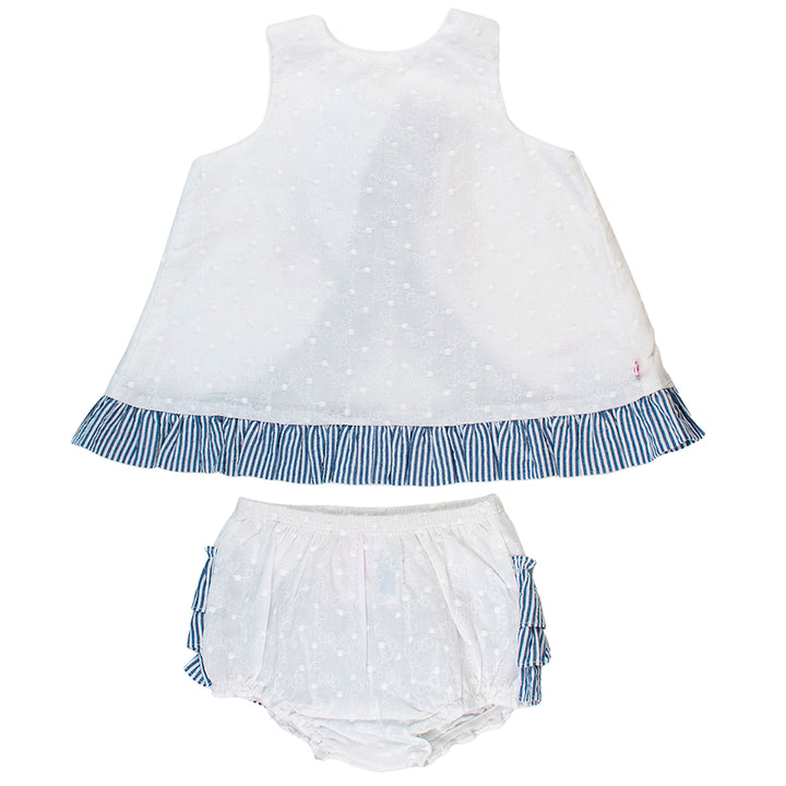 White and Blue Seersucker Swiss Dot Swing Top and Bloomer Set by RuffleButts