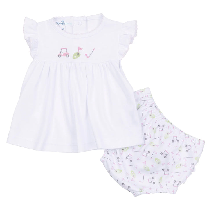 Tiny Tee Time Pink Embroidered Ruffle Flutters Set by Magnolia Baby