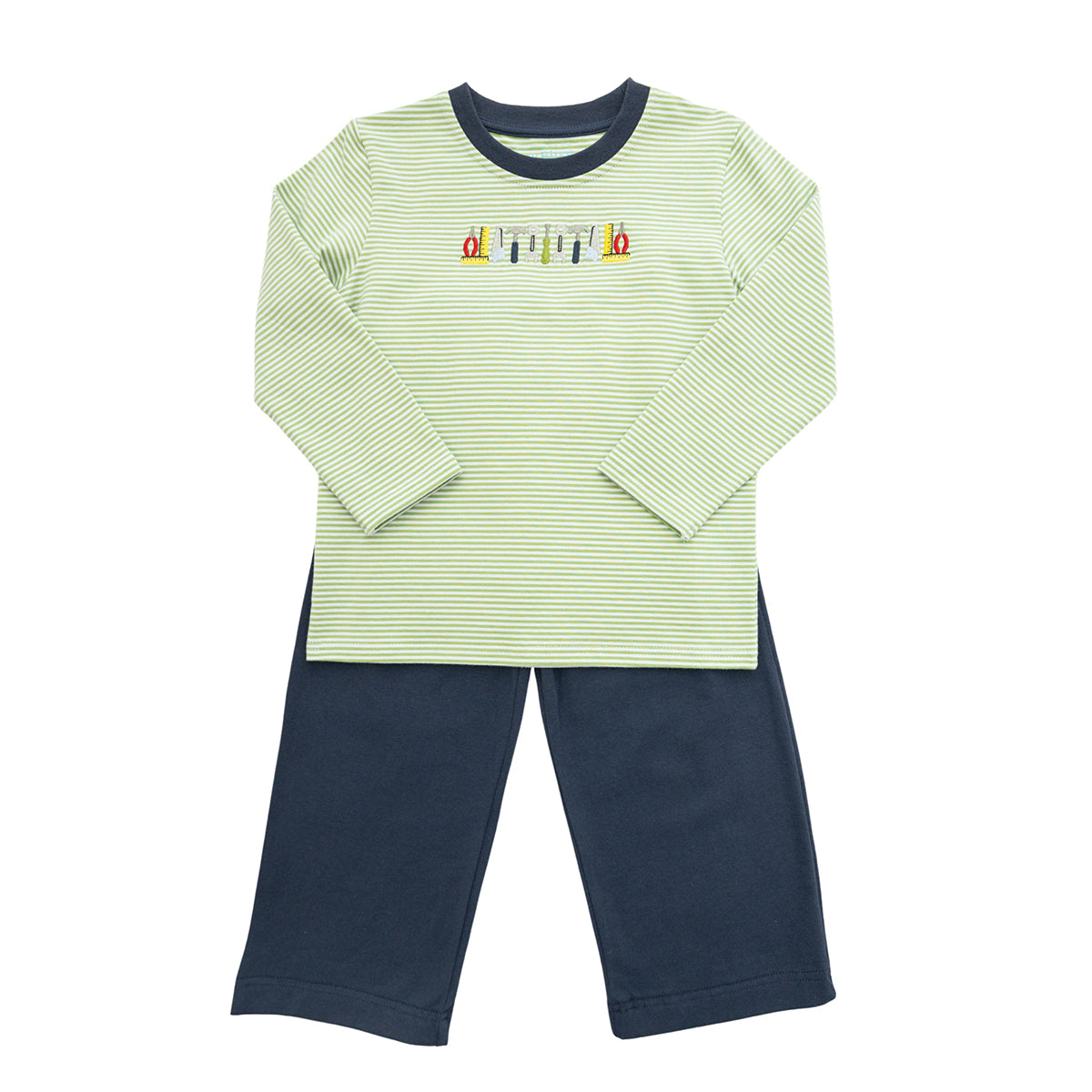 Tools Embroidered on Striped Tee with Pants Set by Itsy Bitsy