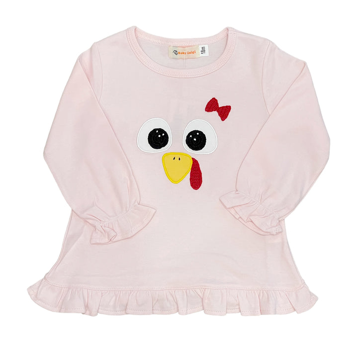 Turkey Face with Bow Pink Long Sleeve Ruffle Top by Luigi