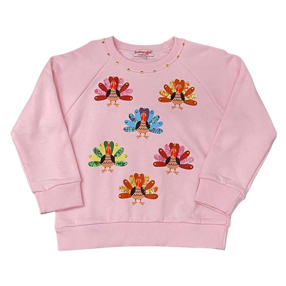 Sequin Turkeys on Pink Sweatshirt by Havengirl