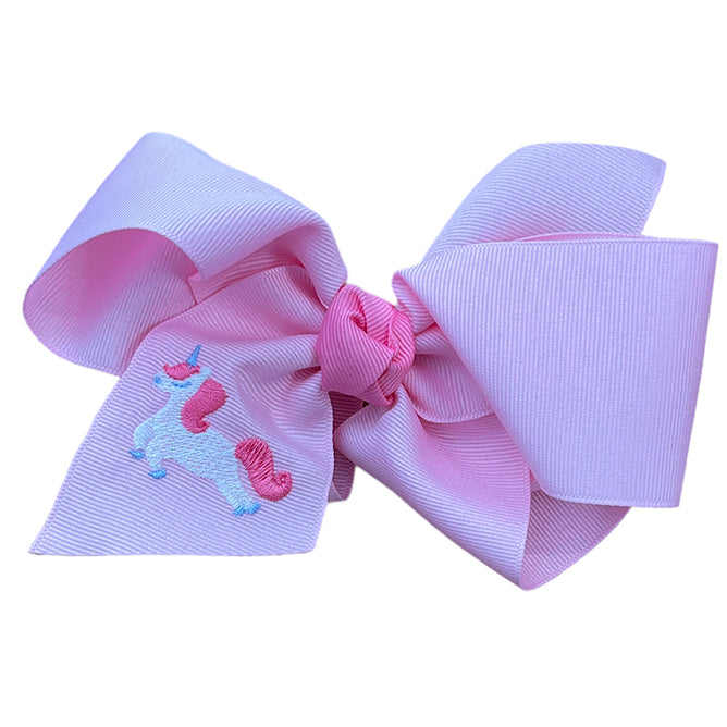 Wee Ones Unicorn Embroidered on Pink Grosgrain Bow (2 sizes)