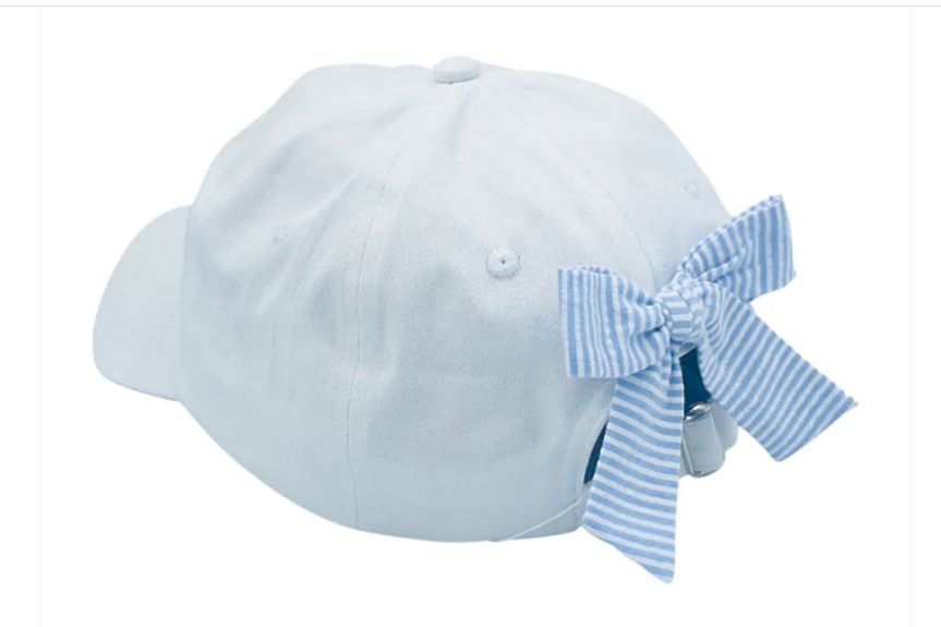 Bits & Bows Baseball Hat - White with Blue/White Bow
