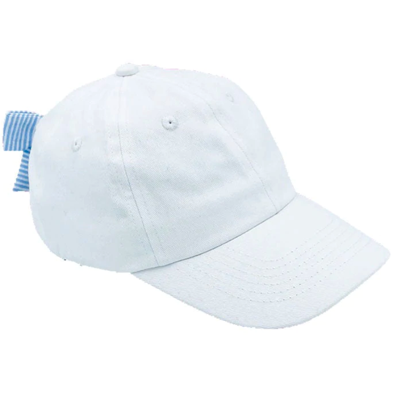 Bits & Bows Baseball Hat - White with Blue/White Bow