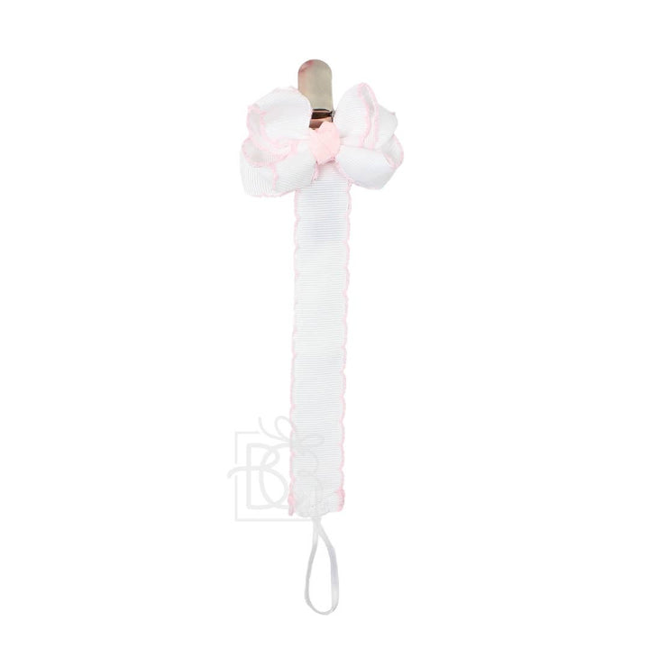 White with Light Pink Crochet Edge Pacifier Clip with Bow by Beyond Creations