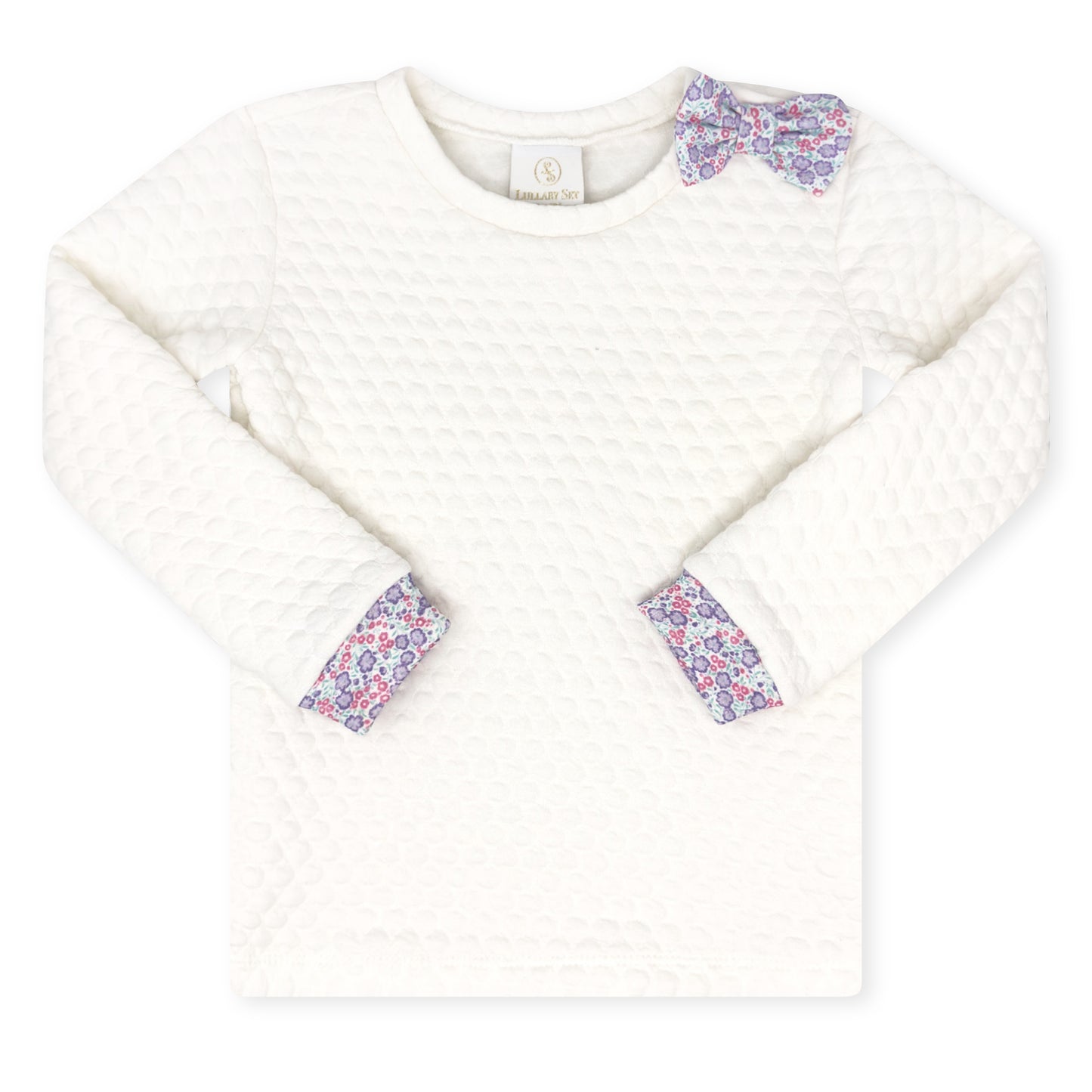 Quilted White Top with sweet pea floral bow and cuffs by Lullaby Set