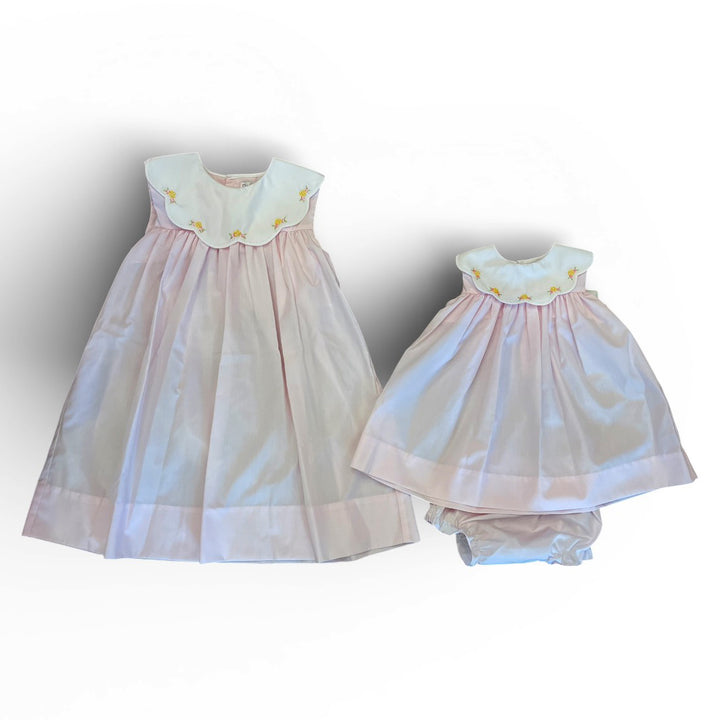 Pink Dress with Yellow Flower Hand Embroidery by Petit Ami