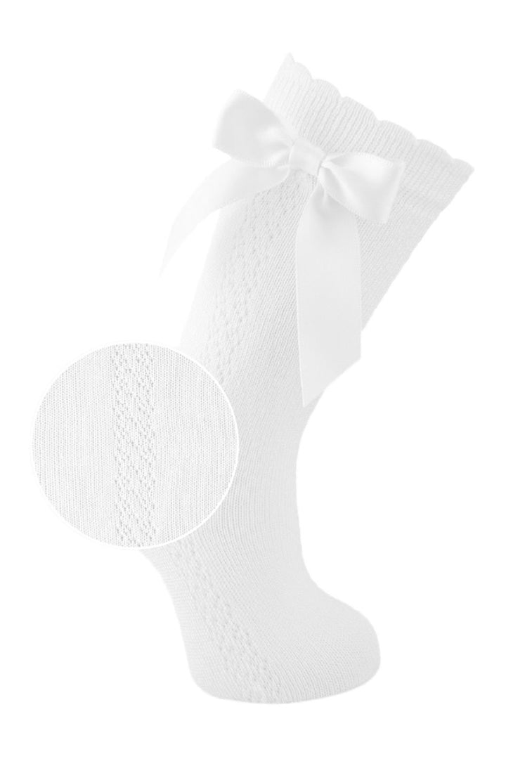 Carlomagno Knee High Openwork Socks w/ Bows - White